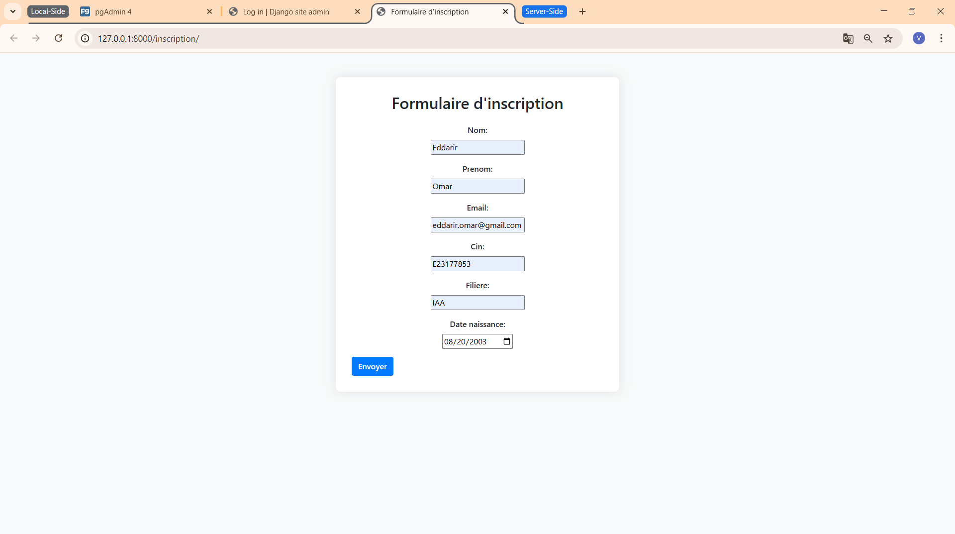Formulaire d'inscription local